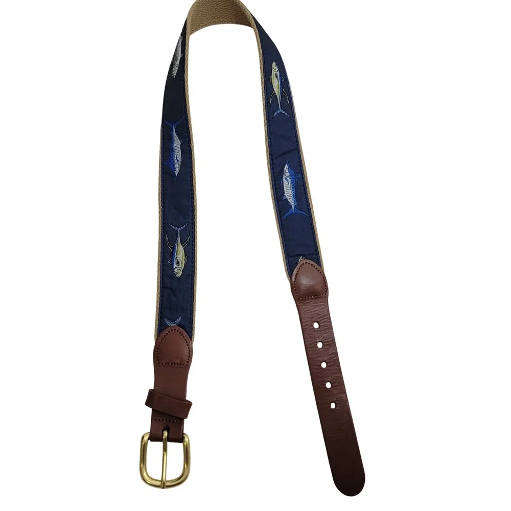 Leather Man Ltd Mens Navy Blue Canvas Leather Web Belt Fish Tuna Marlin Size 28